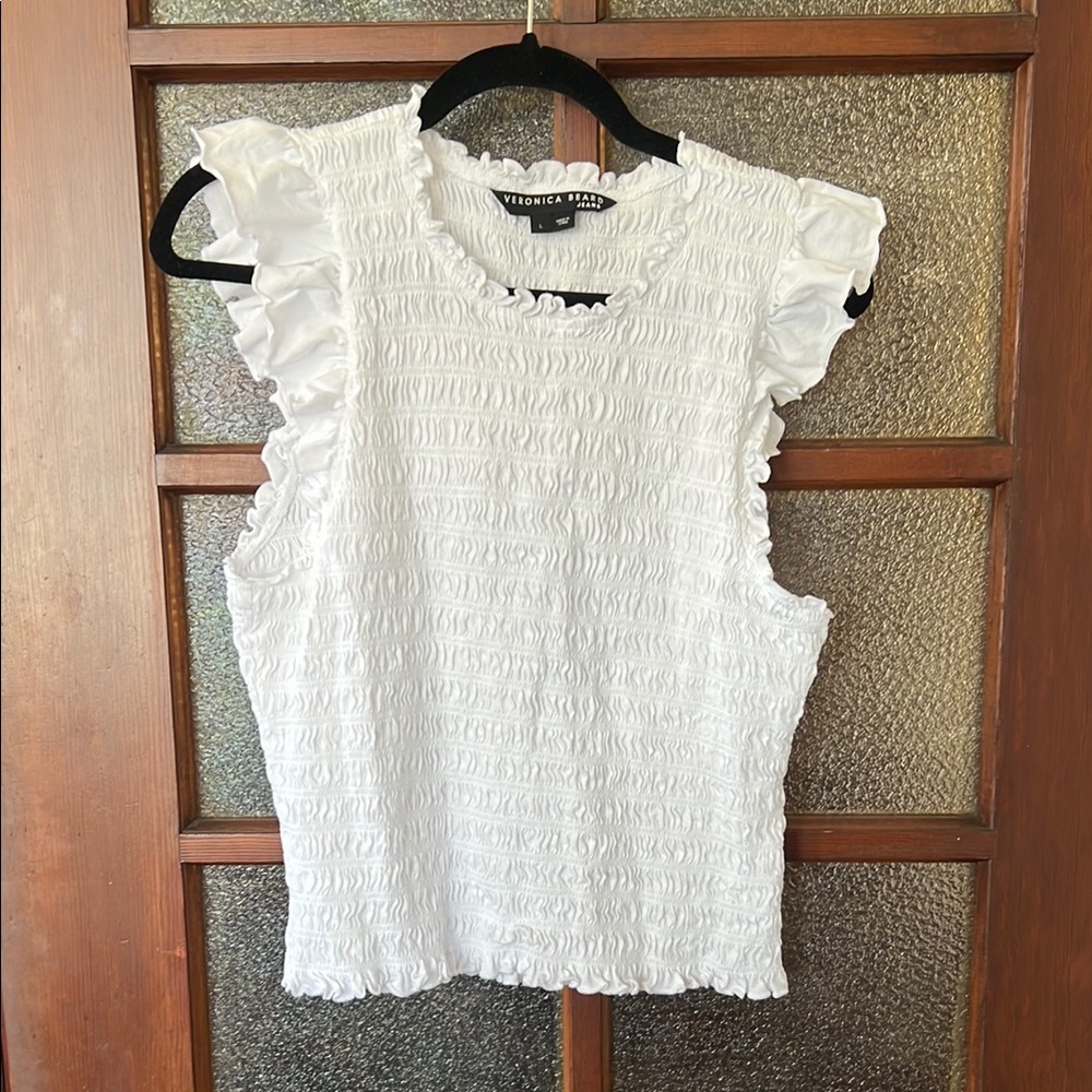 Veronica Beard White Smocked Ruffled Blouse